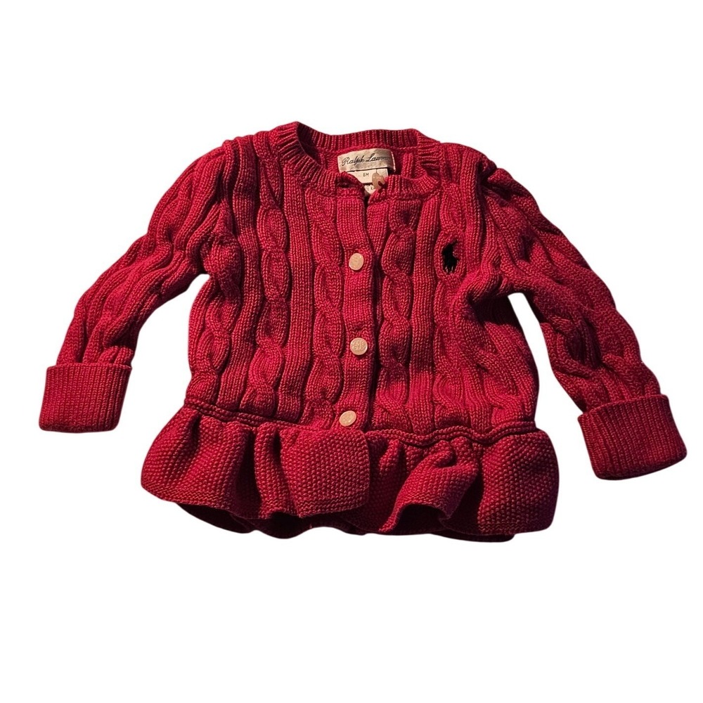 Ralph Lauren Baby Girl Red Cable Knit Peplum Cardigan Sweater Pony Logo 6M
